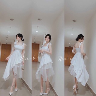 Đầm midi 2s nơ vai tà lệch