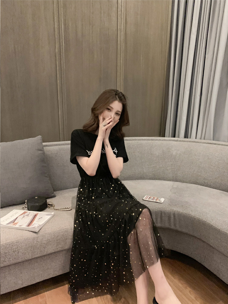 Đầm Nữ Phối Lưới Đính Kim Sa Lấp Lánh