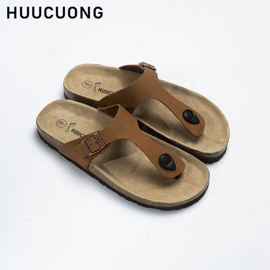 Dép unisex  HuuCuong kẹp ngón da bò nâu đế trấu