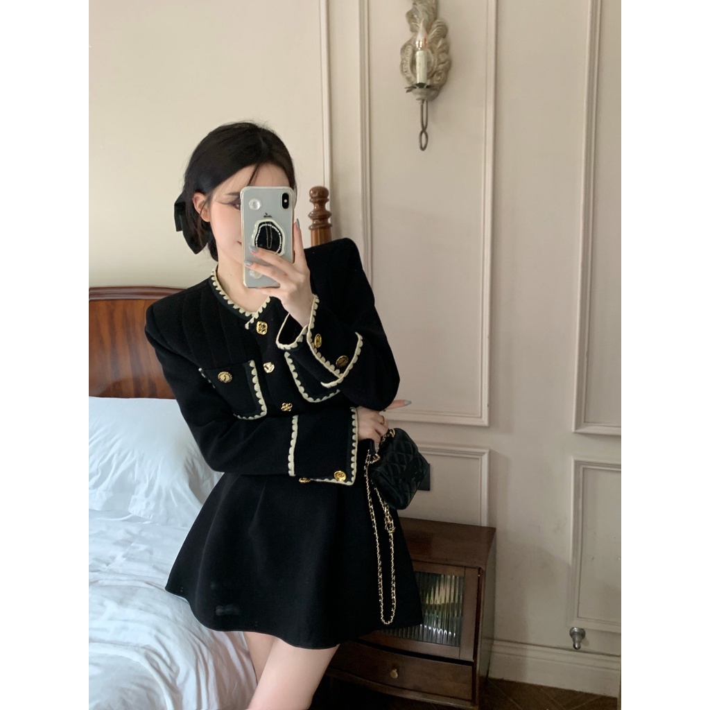 Set áo dạ nhung dài tay mix chân váy nhung