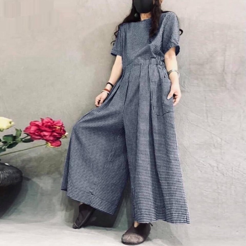Jumpsuit Áo Liền Quần Ống Rộng Sọc Ca Rô Nhuyễn Tay Ngắn Lưng Thun Cổ Tròn Summer Jumpsuit