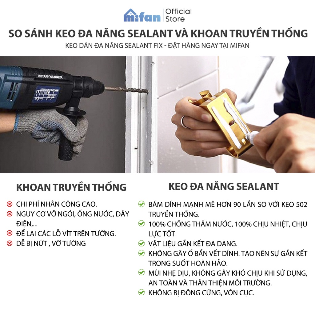 Keo Dán Đa Năng SEALANT FIX 40gr 18gr - Dính Siêu Chắc, Siêu Chịu Lực, Chống Thấm Nước -Treo Giá, Kệ, Gương, Tranh-MIFAN