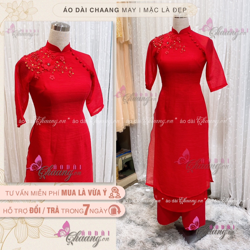 Áo Dài Đỏ Cách Tân Nữ Tay Lỡ May Sẵn Áo Dài Đính Ren Nổi 3D Đẹp Lụa Xước Cao Cấp