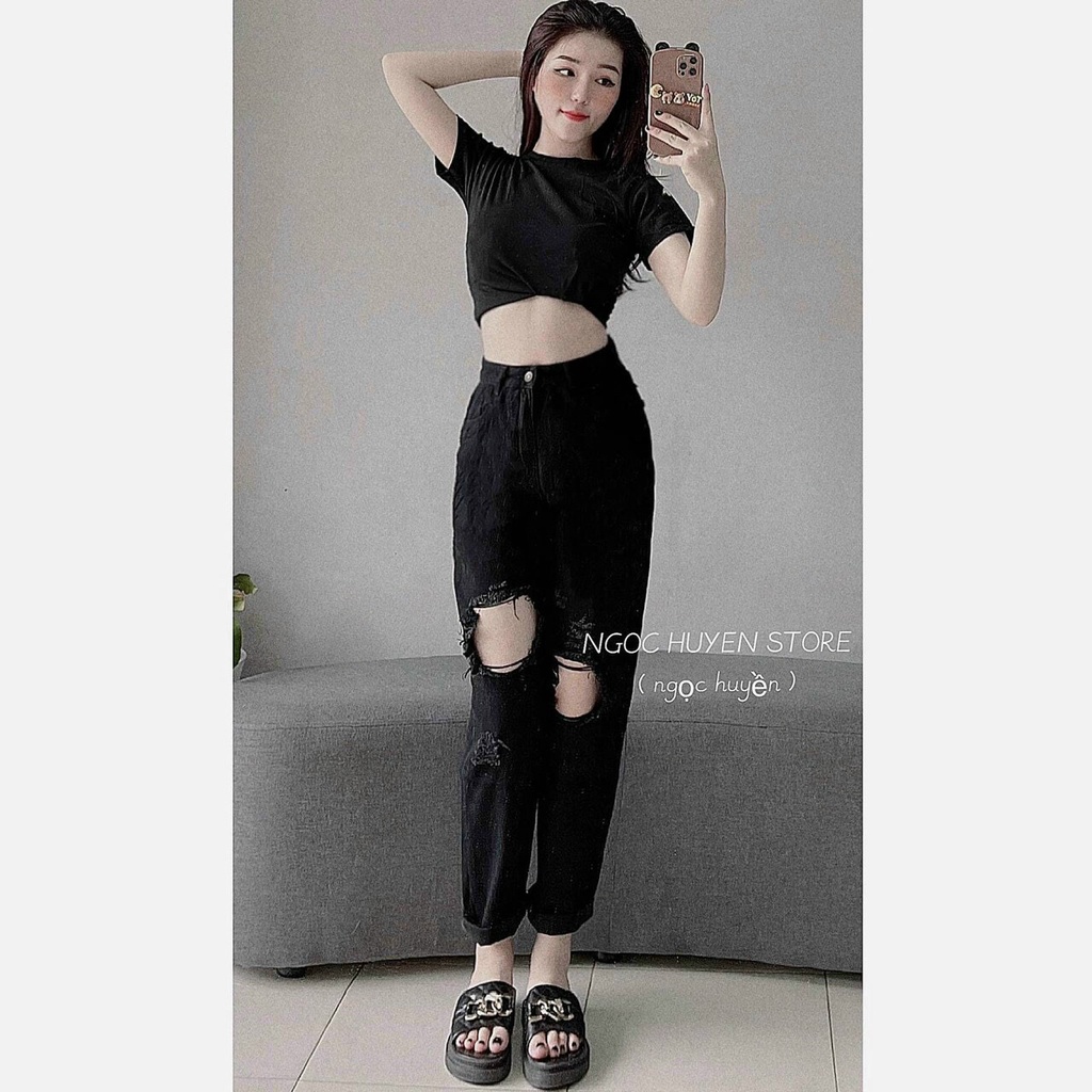Quần Baggy Jean Nữ Rách Gối 2 Bên Q055