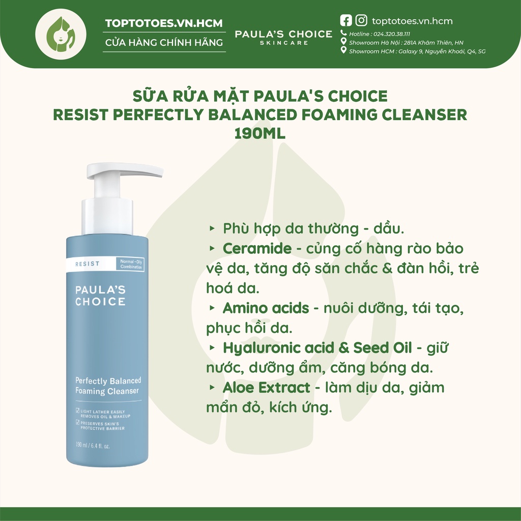 Sữa rửa mặt cân bằng da Paula's Choice Resist Perfectly Balanced Foaming Cleanser 190ml [NHẬP KHẨU CHÍNH HÃNG 100%]