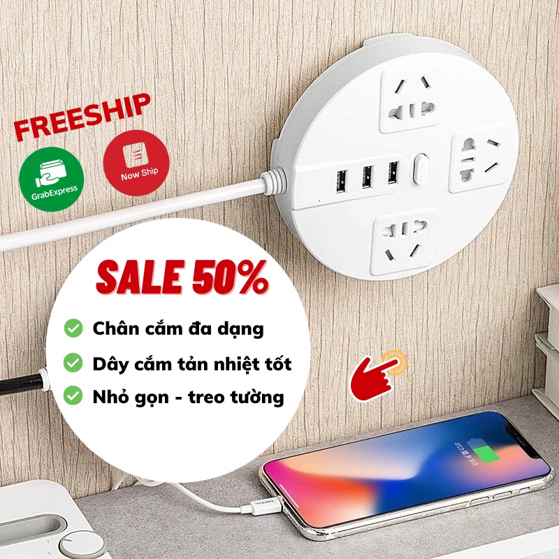 Ổ Điện Ổ Cắm Điện Đa Năng 3 Cổng USB Sạc Nhanh Vật Liệu Chống Cháy Dây Nối Dài 1,8M ĐÈN TRẦN PHÚ