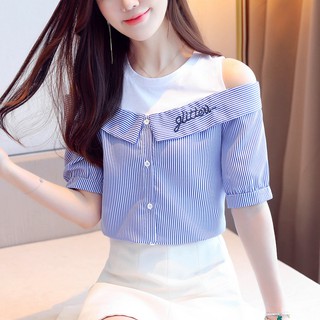 Off Shoulder Top Korean Women Patchwork Striped Embroidery Letter Short Sleeve Blouse Blue Red