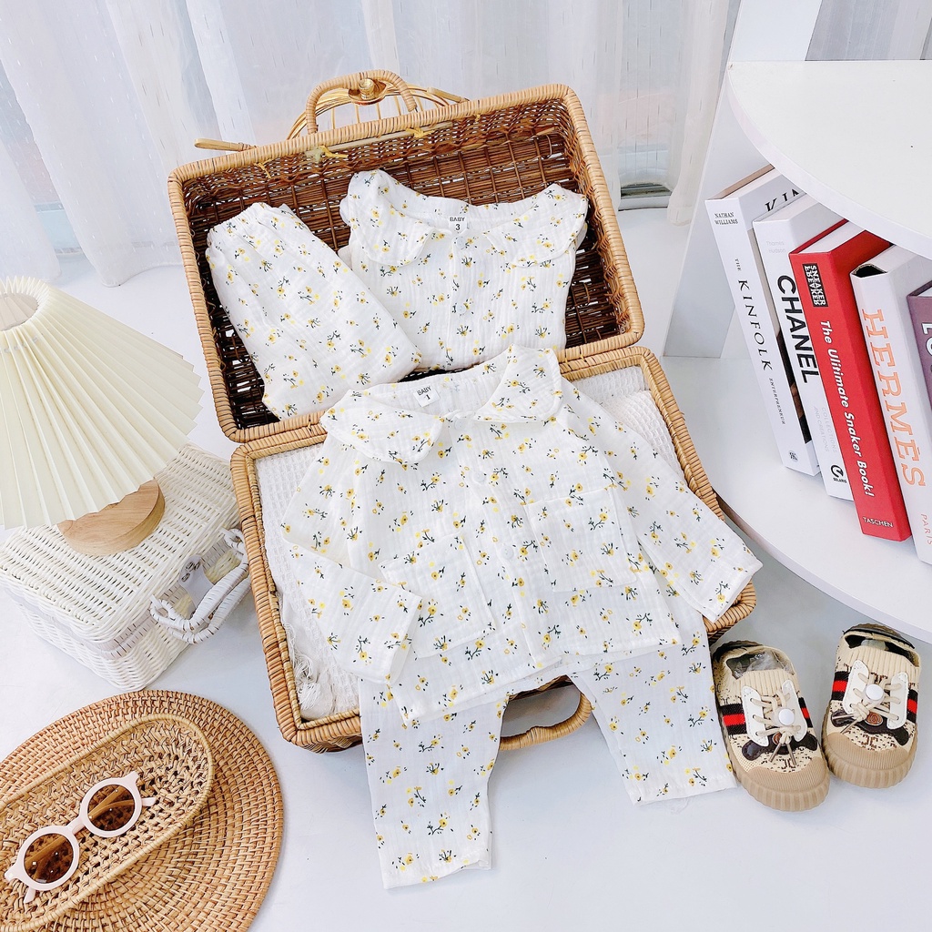 DT74 Bộ Dài Tay Vải Xô Muslin Nữ Siêu Hot Họa Tiết Hoa Quả Cho Bé Cực Xinh Chất Vải Xô Size Từ 7-18KG VNXK Nhật-Hàn