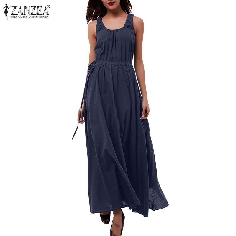Zanzea Đầm Maxi Nữ Cộc Tay Cổ Tròn Thời Trang Châu Âu