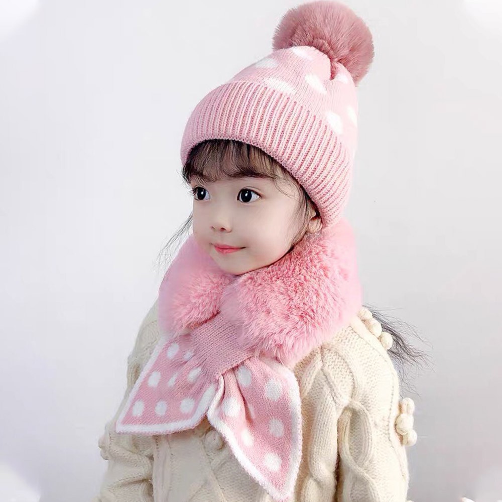 Bộ khăn mũ cho bé gái, set mũ len + khăn quàng cổ chấm bi cực xinh