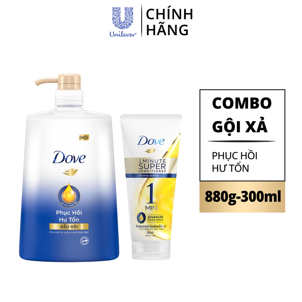 Combo Dầu gội và Kem xả DOVE Phục Hồi Hư Tổn Tinh Chất Serum cao cấp dưỡng tóc khỏe đẹp 880g, 300ml