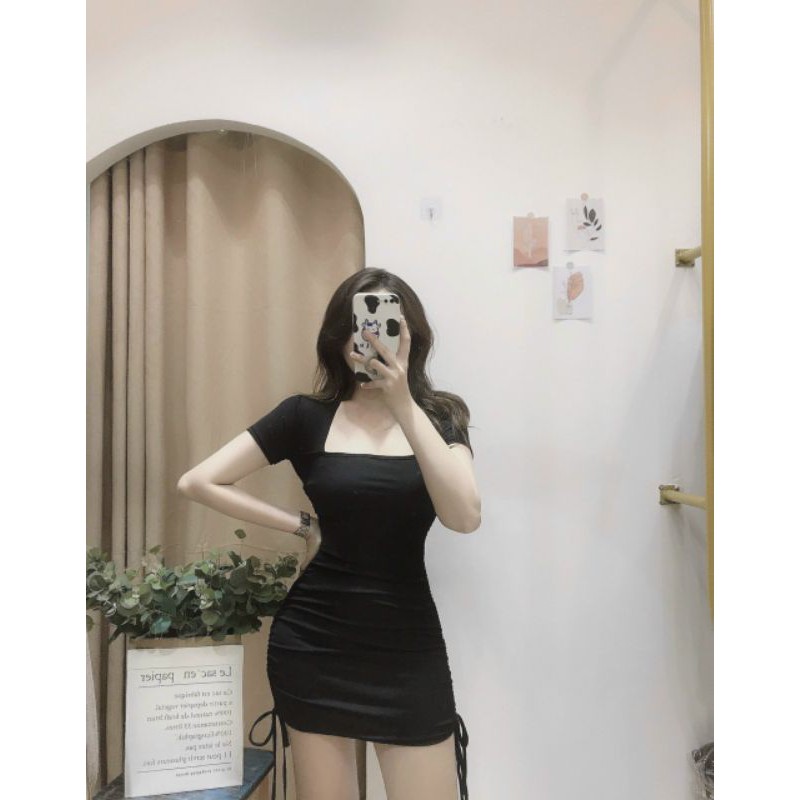 Váy ôm body cổ vuông dây rút sườn ngắn tay