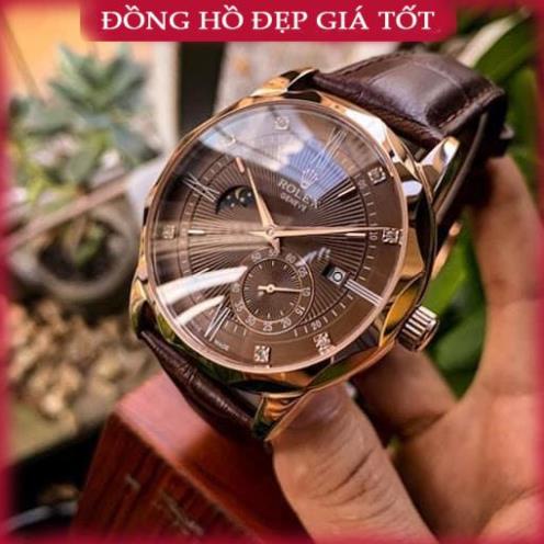 Đồng hồ cho Nam Ro-lex 6kim trăng sao size 40-41 vành trám cạnh màu cafe dây da vàng hồng