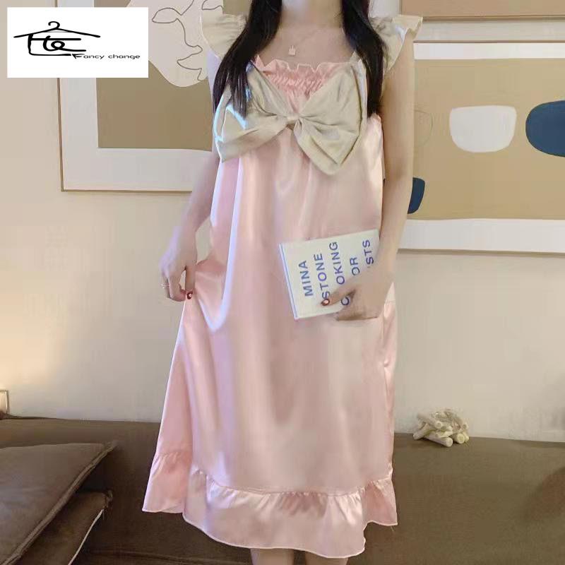 Đầm Ngủ Hai Dây Bằng Lụa Băng Đính Nơ Dễ Thương Dành Cho Nữ