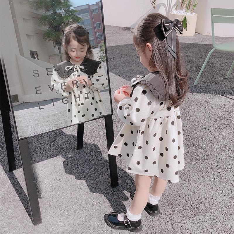 Đầm Công Chúa Tay Dài Họa Tiết Chấm Bi Thời Trang Xuân Thu Cho Bé Gái