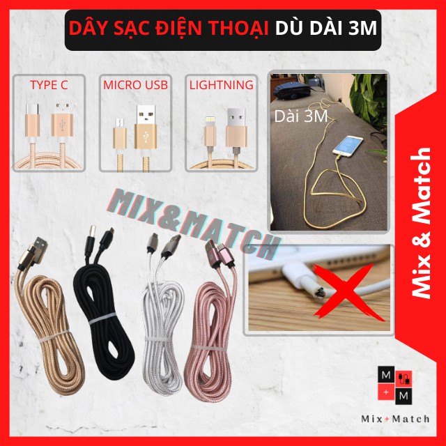 Cáp sạc dây dù dài 3M Lightning/Type C/Micro USB dành cho Iphone/Ipad/Samsung/Android