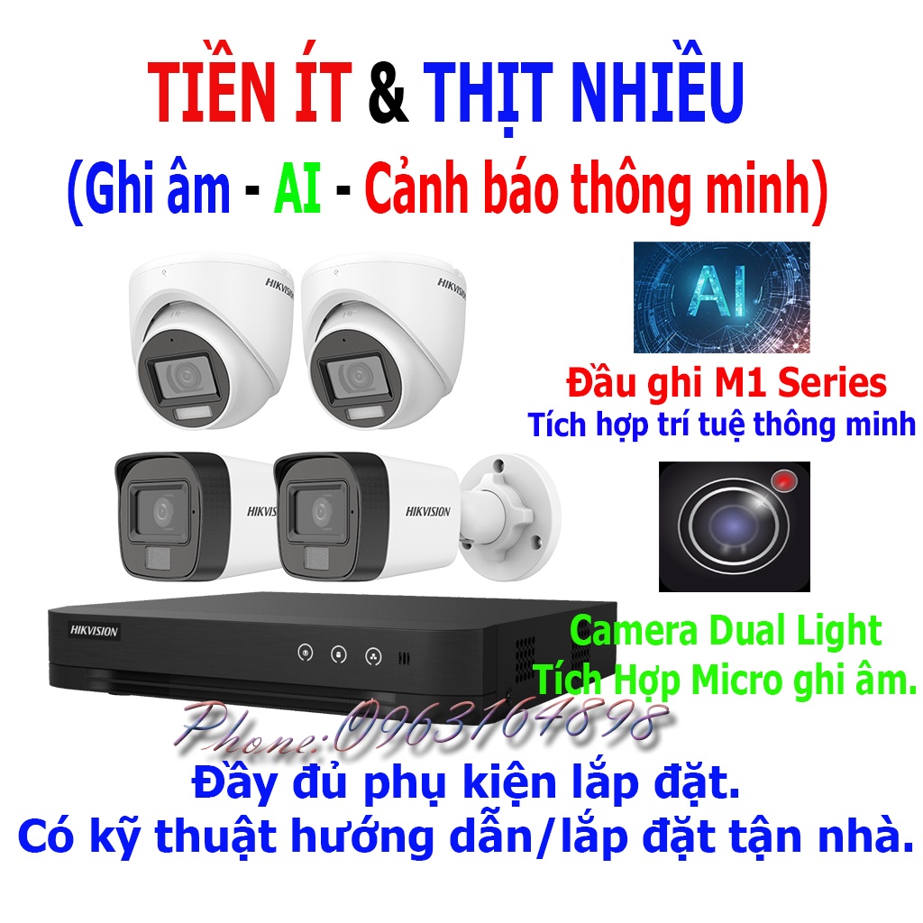 {Mic thu âm + AI thông minh} Trọn bộ 4 Camera Hikvision 2Mp full HD chính hãng,đầy đủ phụ kiện chỉ việc lắp đặt.