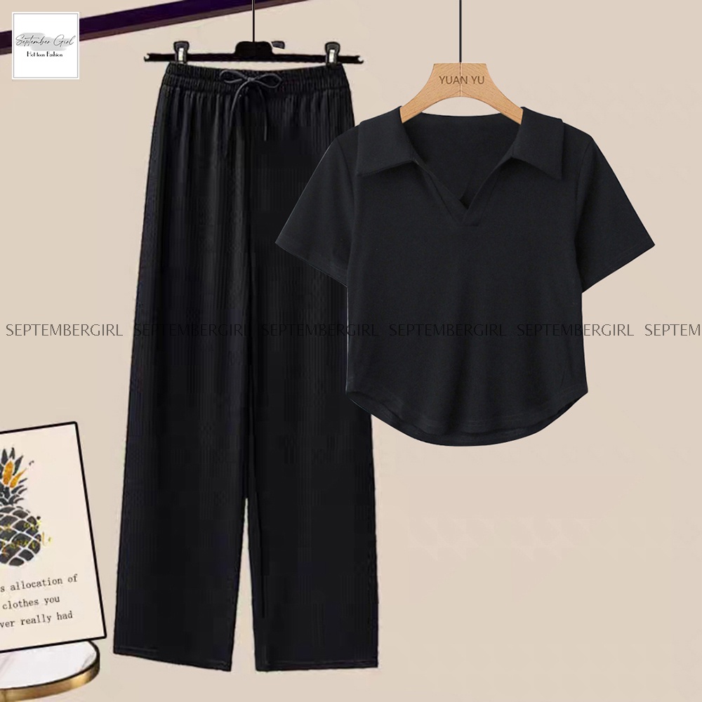 ComBo Áo Polo CropGHEP TOP Kết Hợp Quần Suông Thun Tăm Hách Dáng SEPTEMBERGIRL - GHEP TOP 001 + QUAN 001