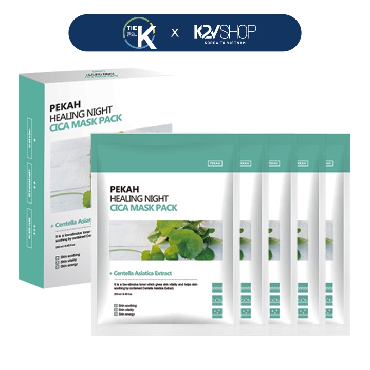 Mặt Nạ Dưỡng Ẩm Giảm Mụn Và Thâm Chiết Xuất Rau Má PEKAH HEALING NIGHT Cica Mask Pack 1 HỘP 5 MIẾNG