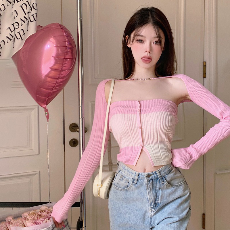 Bộ 2 Món Áo Hai Dây + Áo Choàng Dệt Kim Lụa Mát Tay Dài Chống Nắng Dáng Ôm Gợi Cảm Cho Bạn Gái