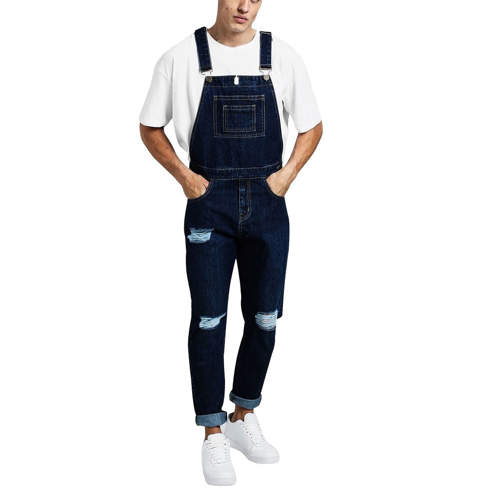 janesame_Mens  Hole Pocket Jeans Overall Jumpsuit  Streetwear  Overall Suspender Pants