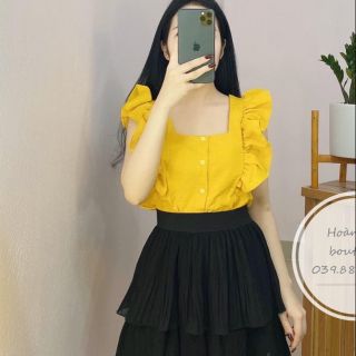 [ Ảnh Thật_ Hàng Sẵn] Áo Kiểu Chất Đũi Cánh Tiên , Cúc Thật.