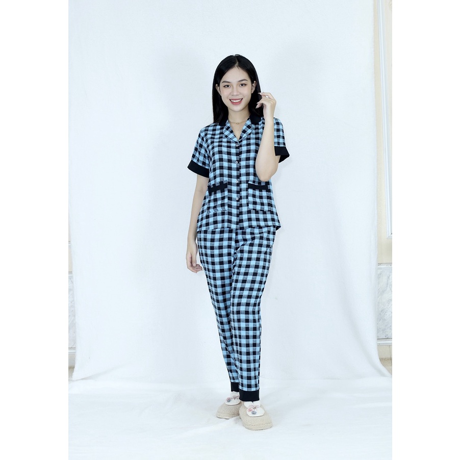 [HÌNH THẬT 100%] Bộ đồ Pijama nữ sọc CA RÔ XANH PHA CỔ ĐEN - vải siêu lụa cao cấp - Cực Kì Sang Chảnh