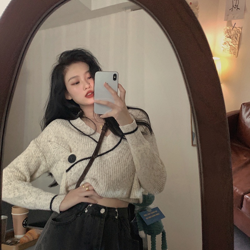 QADCOL Áo sweater tay dài dáng ôm phối hàng nút đơn thời trang cho nữ