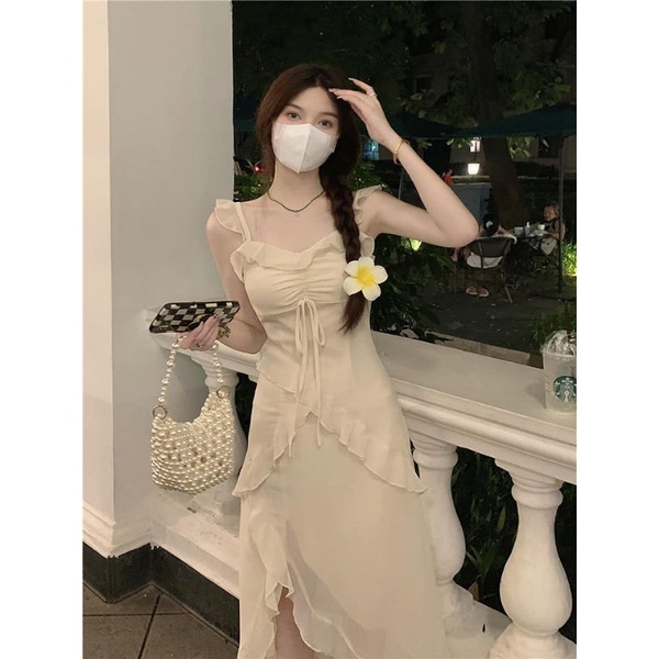 Váy trắng xinh hai dây vải tơ mềm mát mùa hè phong cách Hàn Quốc, váy Quảng châu cao cấp
