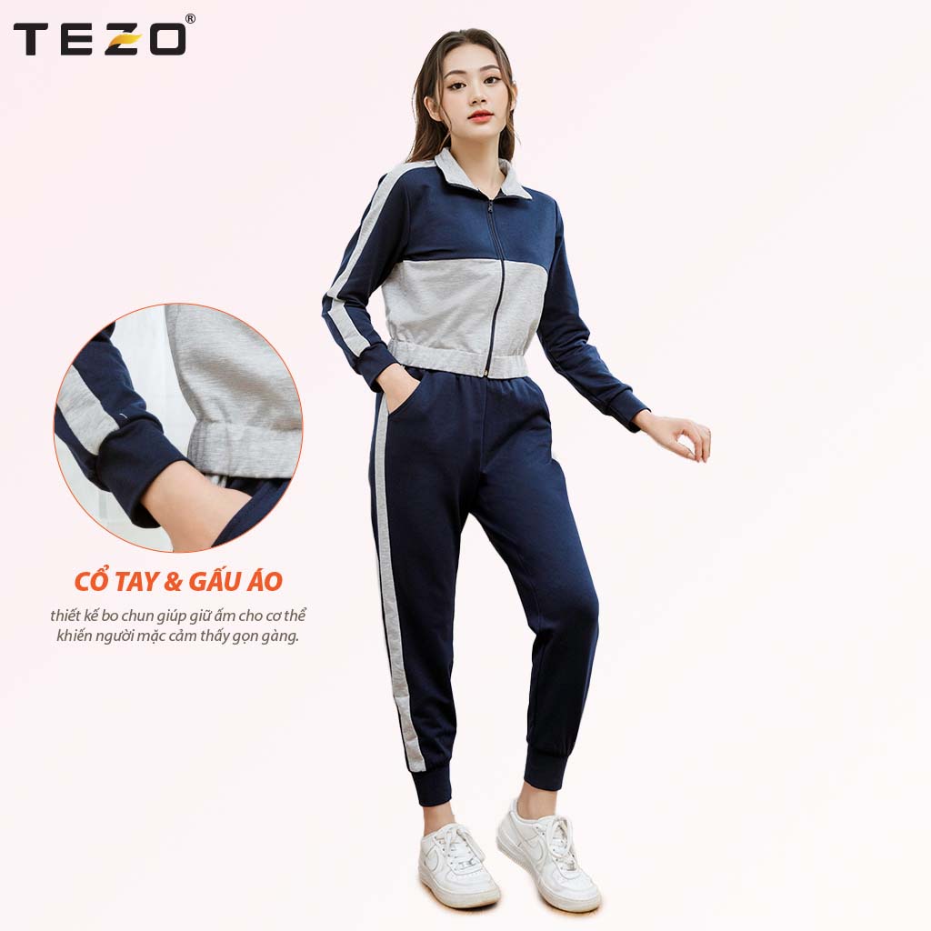 Bộ nỉ nữ TEZO tách lẻ quần hoặc áo nỉ chun kéo khoá không mũ hai màu mã 2112ANKK03