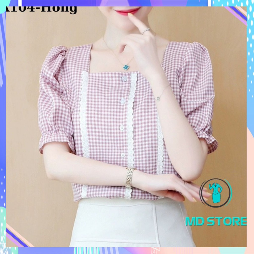 ☘🌸A104-Áo sơ mi nữ caro viền ren tay lỡ☘🌸