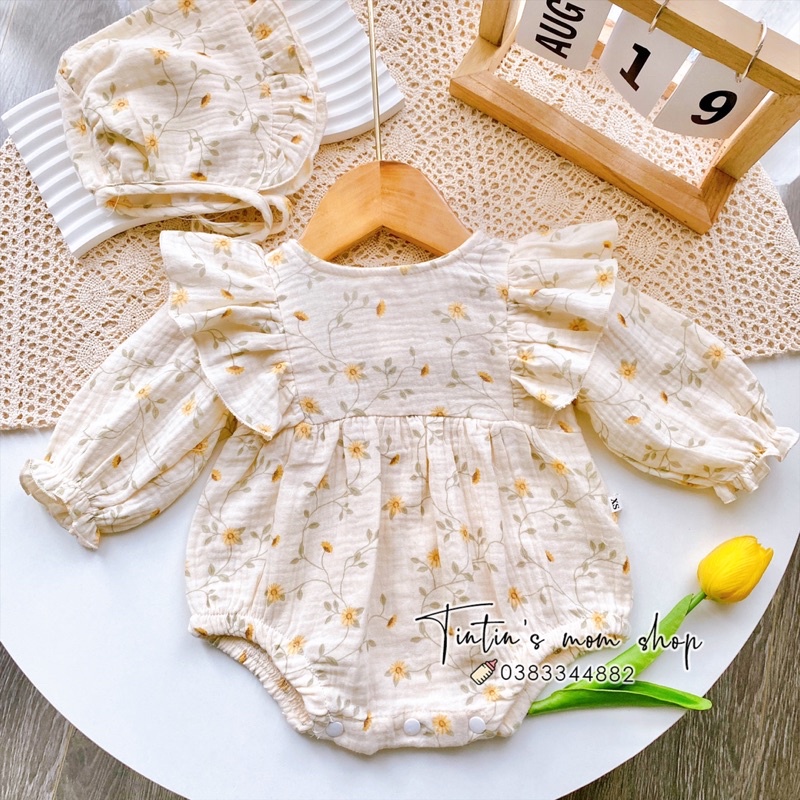 Sét body đầy tháng, thôi nôi xô muslin hoa vàng kèm mũ bèo cho bé gái