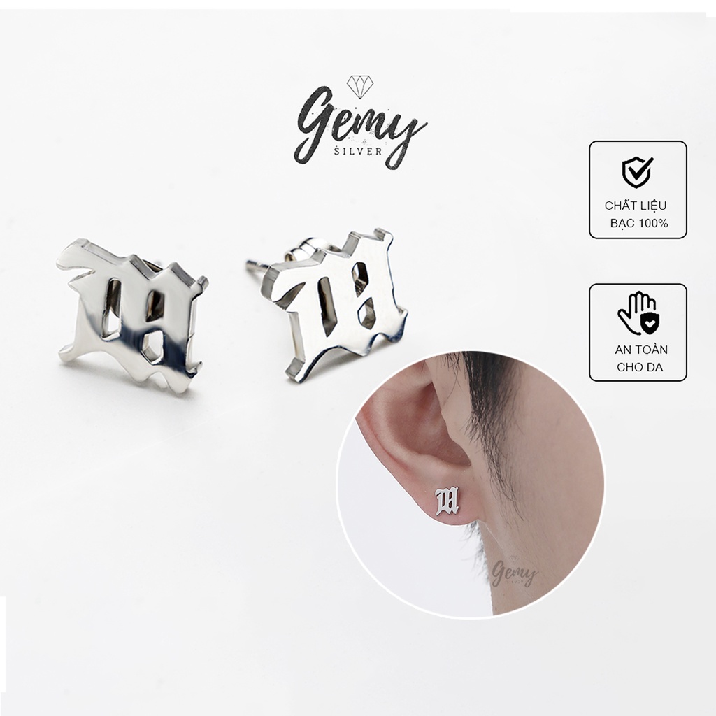 Khuyên tai nam bạc nguyên chất mặt hình chữ M đơn giản, cá tính, unisex (1 chiếc) | GEMY SILVER KN58