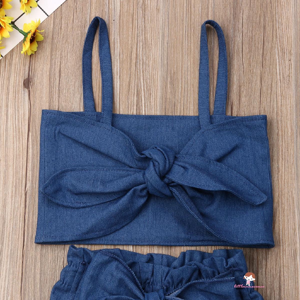 Set áo 2 dây cột nơ + quần dài denim xinh xắn cho bé gái