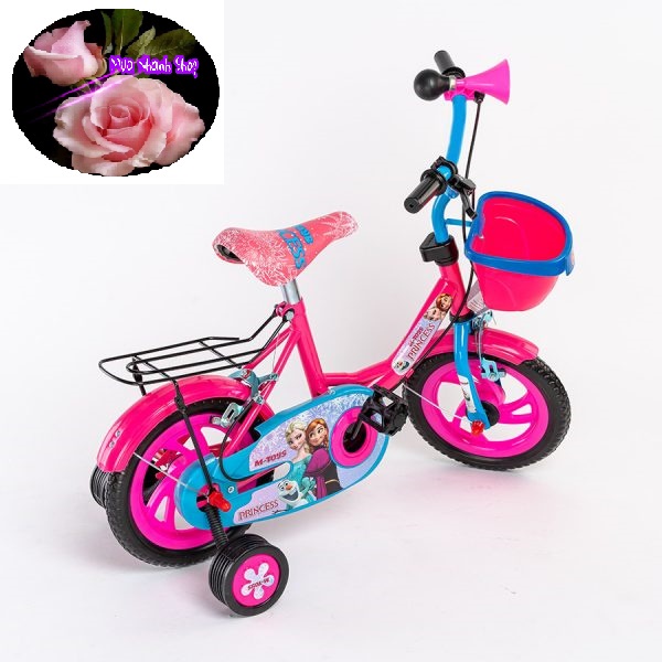 Xe đạp công chúa màu hồng cho bé 2-3-4-5-6 tuổi bánh 12 / 14 inch kèm 2 bánh phụ và kèn