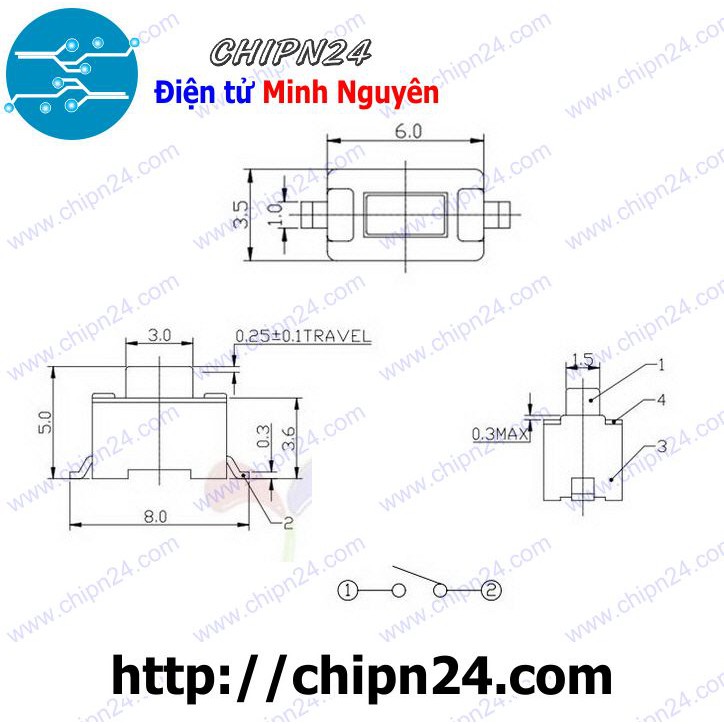 [10 CÁI] Nút nhấn 2 chân 3x6x5mm SMD Dán TRẮNG