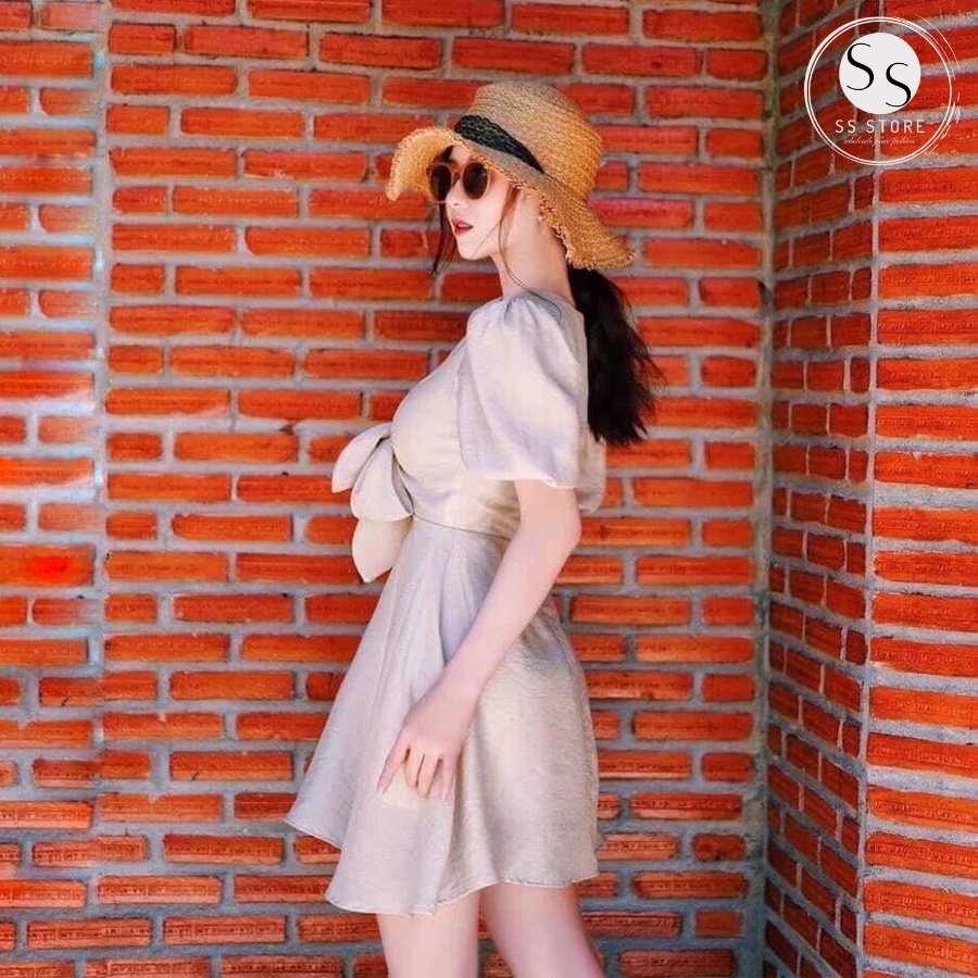 Đầm Xoè Tay Con Buộc Dây Nơ Ngực Tông Nude Trầm