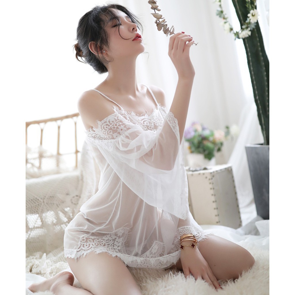 Đồ ngủ sexy xuyên thấu hở vai kiểu váy ngủ gợi cảm quyến rũ 1527