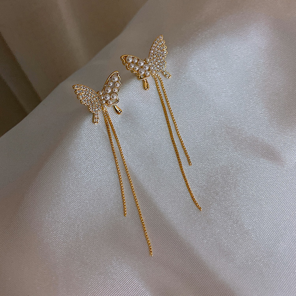 Khuyên tai mặt hình bươm bướm dáng dài đính đá thời trang dành cho nữ