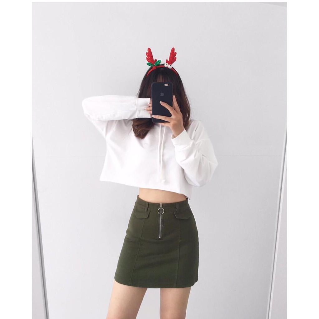 ÁO THUN CROPTOP TRƠN CÓ NÓN FORM RỘNG TAY DÀI ULZZANG - ÁO NHÓM CROP HOODIE BASIC 1