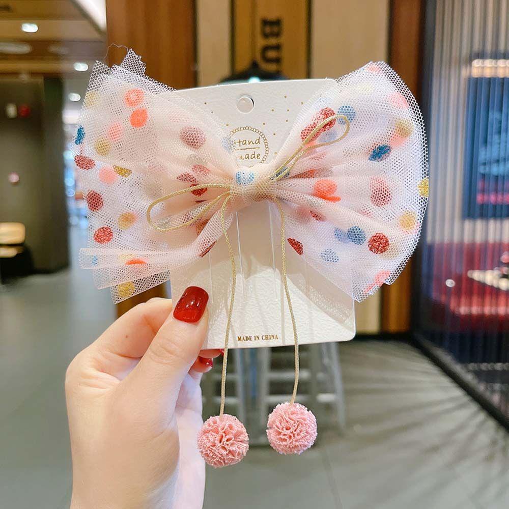 QQMALL Kẹp Tóc Hình Nơ Phối Ren Lưới Màu Sắc Ngọt Ngào Phong Cách Hàn Quốc