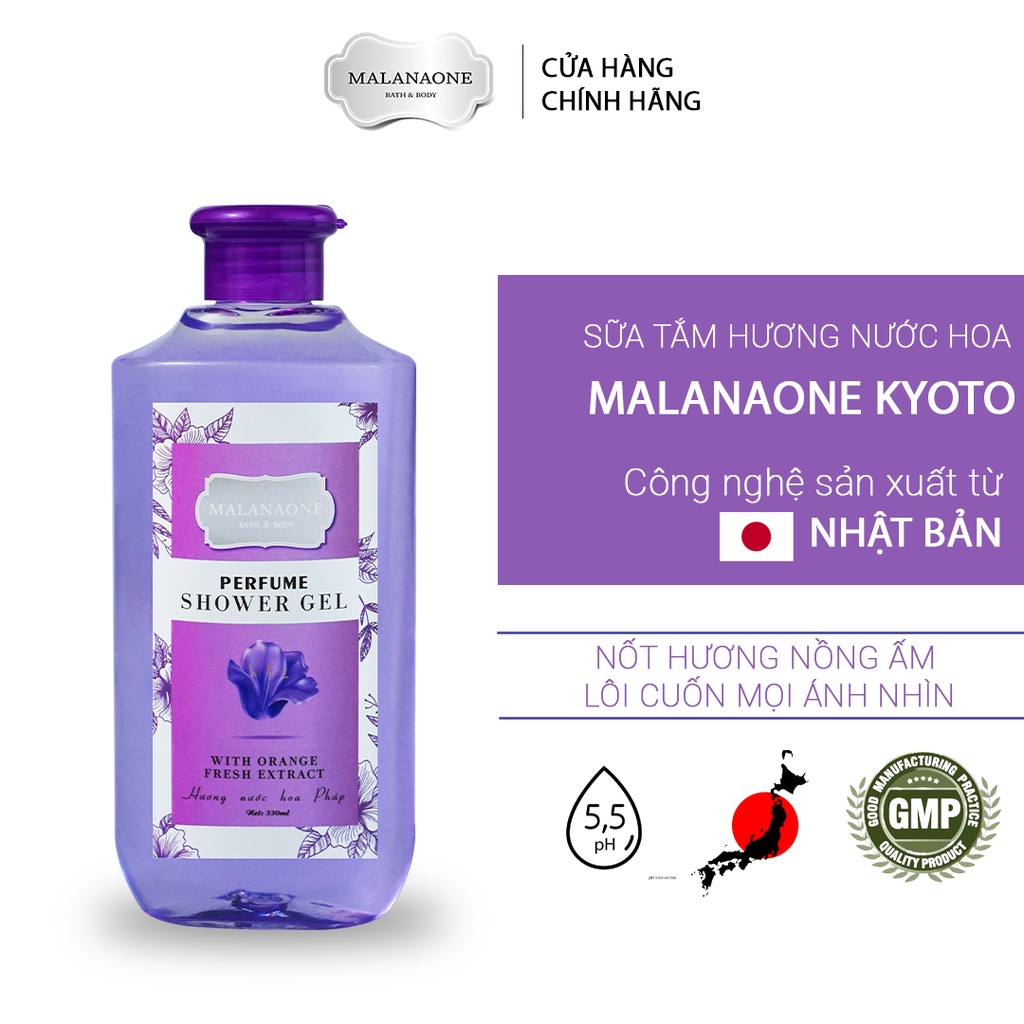 Sữa tắm lưu hương nước hoa nữ Malanaone Kyoto, trắng da toàn thân, hương hoa Anh Đào thơm lâu quyến rũ 330ml