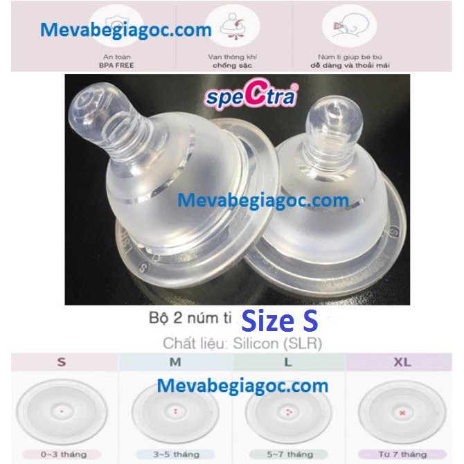 (Số 1 Hàn Quốc) 2 NÚM TI SILICON CỔ RỘNG CAO CẤP SPECTRA (SIZE S cho bé từ 0 – 3 tháng)