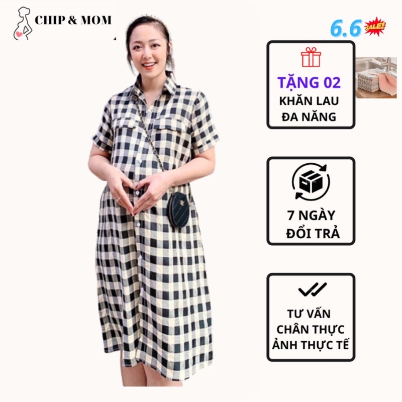 Đầm bầu, váy bầu thiết kế dáng sơmi kẻ lịch sự trẻ trung, chất liệu đũi Hàn mềm mát V10