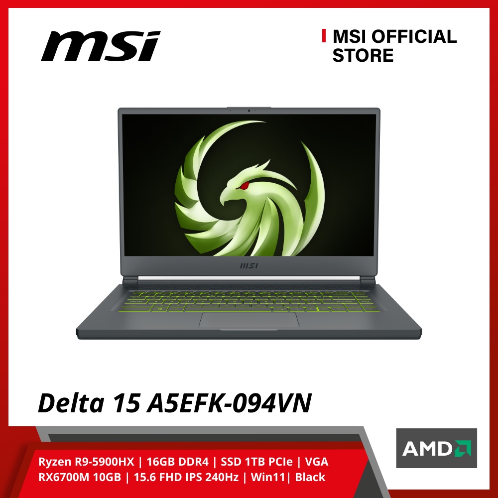 Laptop MSI Delta 15 A5EFK-094VN(Ryzen R9-5900HX/16GB DDR4/SSD 1TB PCIe/VGA RX6700M 10GB/15.6FHD IPS 240Hz/ W11 Black
