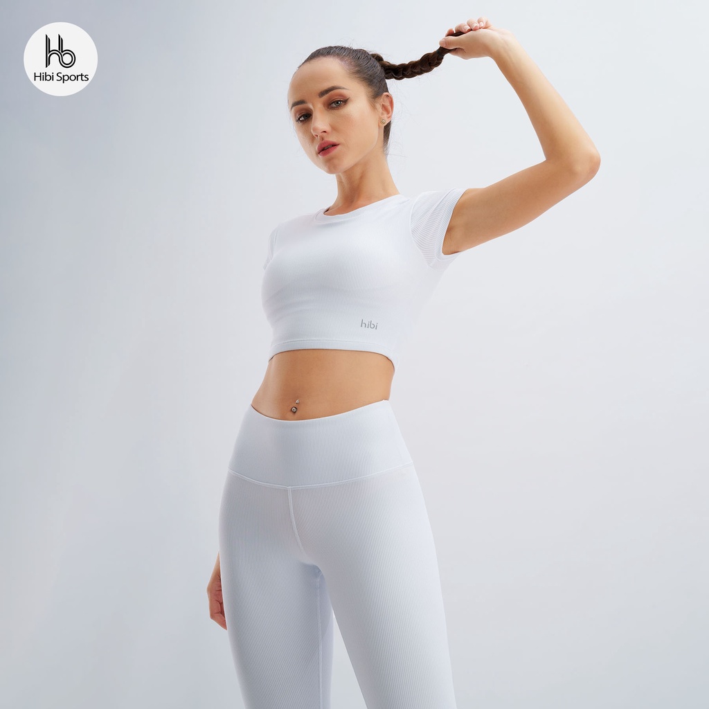 Set đồ tập yoga gym Hibi Sports H146 size mới, tím và trắng, áo croptop có tay kèm