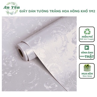 Giấy dán tường trắng hoa hồng khổ 1m2,giấy dán tường phủ pvc kèm keo dán chống ẩm mốc