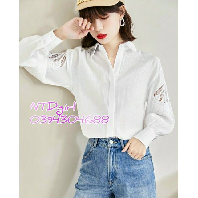 Hàng nhập - Áo sơ mi nữ xô lụa phối ren hoa cánh tay, áo kiểu nữ công sở trẻ trung sành điệu