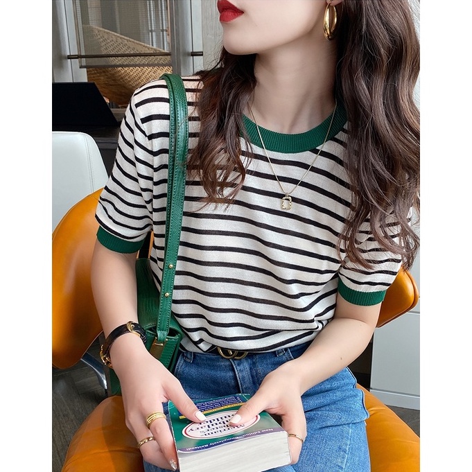 QADCOL  Áo Thun Dệt Kim Ngắn Tay Họa Tiết Kẻ Sọc Phong Cách Hàn Quốc Cho Nữ