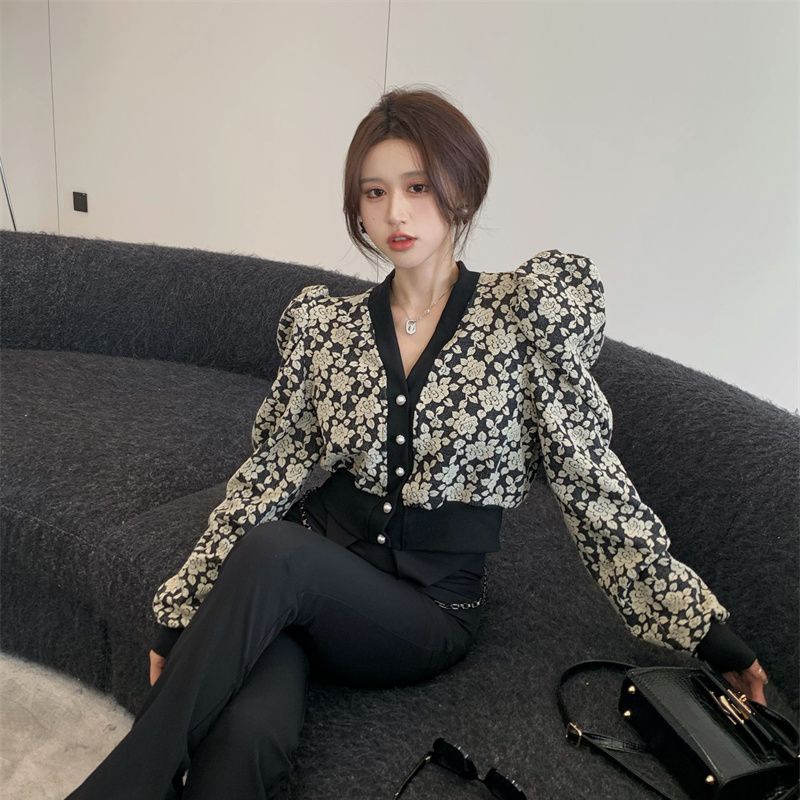 IELGY  Ielgy Áo Cổ Chữ V In Hình Hoa Hồng Tương Phản Kiểu Pháp Cổ Điển Cho Nữ